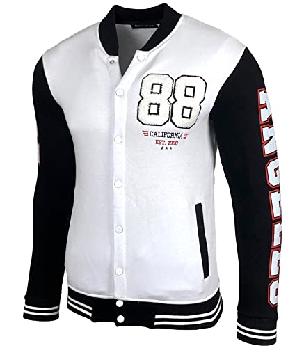 Baxboy Herren College Baseball Jacke Übergangsjacke Freizeit Hoody Stil Sportjacke Streetwear Stehkragen Herbst Frühling mit Taschen 4382, Farbe:Weiss/Schwarz, Größe:S von Baxboy