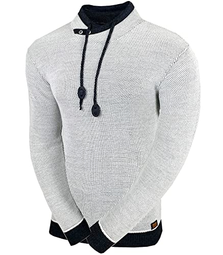 Baxboy Herren Grobstrick Pullover Strickpullover Stehkragen Slim Fit Moderner Männer schwarzer Pulli Winter-Freizeit-Jacke Muster Design Meliert Sweatshirt Pulli B-52276, Farbe:Weiß, Größe:S von Baxboy