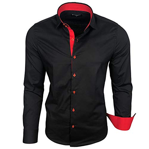 Baxboy Herren-Hemd Langarm/Business Freizeit Hochzeit/Bügelleicht/Slim-Fit/Anzug Kentkragen Hemd B-500, Farbe:Schwarz - Rot, Größen:3XL von Baxboy