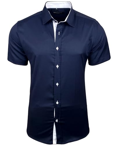 Baxboy Herren Hemd Slim-Fit Bügelleichte Business Hochzeit Freizeithemd Kurzarm Hemden für Männer Modern B-455 S-4XL, Farbe:Marine, Größe:3XL von Baxboy