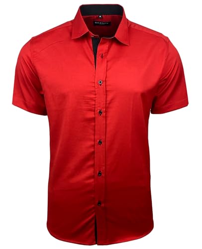Baxboy Herren Hemd Slim-Fit Bügelleichte Business Hochzeit Freizeithemd Kurzarm Hemden für Männer Modern B-455 S-4XL, Farbe:Rot, Größe:XL von Baxboy
