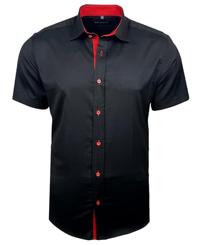 Baxboy Herren Hemd Slim-Fit Bügelleichte Business Hochzeit Freizeithemd Kurzarm Hemden für Männer Modern B-455 S-4XL, Farbe:Schwarz/Rot, Größe:L von Baxboy