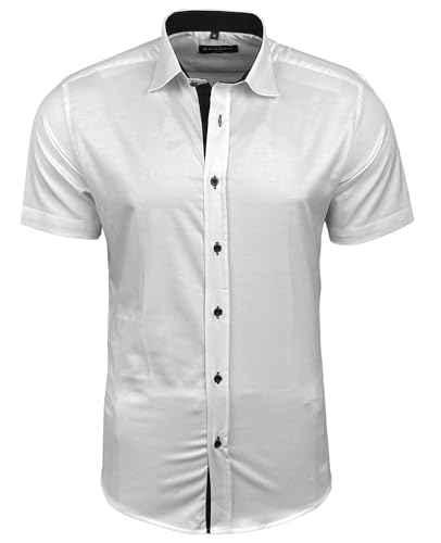 Baxboy Herren Hemd Slim-Fit Bügelleichte Business Hochzeit Freizeithemd Kurzarm Hemden für Männer Modern B-455 S-4XL, Farbe:Weiss/Schwarz, Größe:3XL von Baxboy