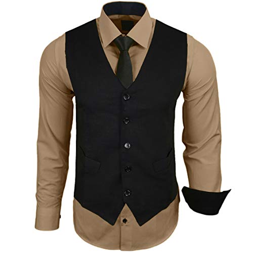 Baxboy Herren Hemd mit Weste Krawatte Anzugs Sakko Business Hochzeit Freizeit Hemden Frack Herrenweste Set wählbar B-44-HWKR, Farbe:Beige, Größe:4XL von Baxboy