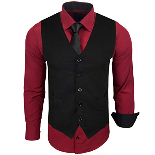 Baxboy Herren Hemd mit Weste Krawatte Anzugs Sakko Business Hochzeit Freizeit Hemden Frack Herrenweste Set wählbar B-44-HWKR, Farbe:Bordo, Größe:XL von Baxboy