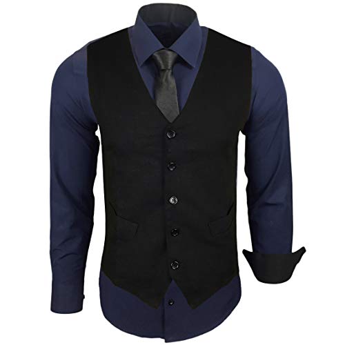 Baxboy Herren Hemd mit Weste Krawatte Anzugs Sakko Business Hochzeit Freizeit Hemden Frack Herrenweste Set wählbar B-44-HWKR, Farbe:Marine, Größe:3XL von Baxboy