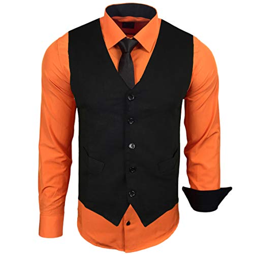Baxboy Herren Hemd mit Weste Krawatte Anzugs Sakko Business Hochzeit Freizeit Hemden Frack Herrenweste Set wählbar B-44-HWKR, Farbe:Orange, Größe:M von Baxboy