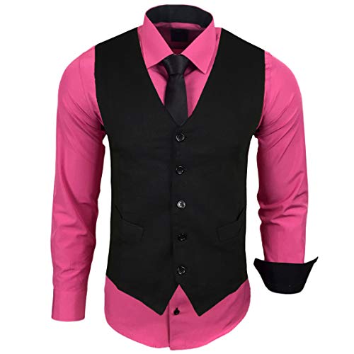 Baxboy Herren Hemd mit Weste Krawatte Anzugs Sakko Business Hochzeit Freizeit Hemden Frack Herrenweste Set wählbar B-44-HWKR, Farbe:Pink, Größe:3XL von Baxboy