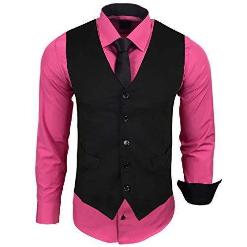 Baxboy Herren Hemd mit Weste Krawatte Anzugs Sakko Business Hochzeit Freizeit Hemden Frack Herrenweste Set wählbar B-44-HWKR, Farbe:Pink, Größe:4XL von Baxboy