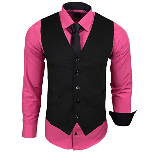 Baxboy Herren Hemd mit Weste Krawatte Anzugs Sakko Business Hochzeit Freizeit Hemden Frack Herrenweste Set wählbar B-44-HWKR, Farbe:Pink, Größe:XL von Baxboy