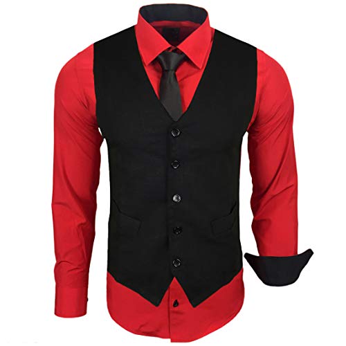 Baxboy Herren Hemd mit Weste Krawatte Anzugs Sakko Business Hochzeit Freizeit Hemden Frack Herrenweste Set wählbar B-44-HWKR, Farbe:Rot, Größe:4XL von Baxboy