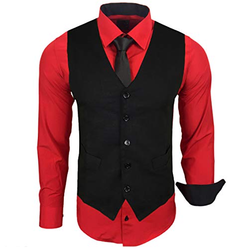 Baxboy Herren Hemd mit Weste Krawatte Anzugs Sakko Business Hochzeit Freizeit Hemden Frack Herrenweste Set wählbar B-44-HWKR, Farbe:Rot, Größe:XL von Baxboy