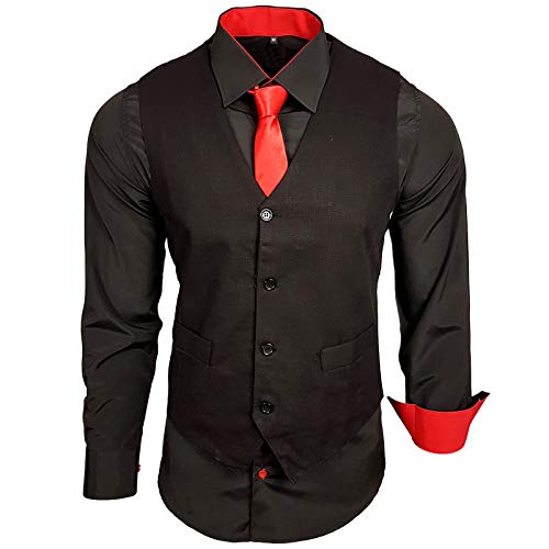 Baxboy Herren Hemd mit Weste Krawatte Anzugs Sakko Business Hochzeit Freizeit Hemden Frack Herrenweste Set wählbar B-44-HWKR, Farbe:Schwarz/Rot, Größe:3XL von Baxboy