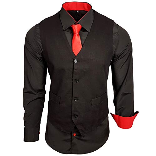 Baxboy Herren Hemd mit Weste Krawatte Anzugs Sakko Business Hochzeit Freizeit Hemden Frack Herrenweste Set wählbar B-44-HWKR, Farbe:Schwarz/Rot, Größe:L von Baxboy