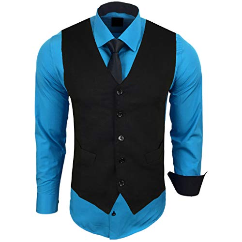 Baxboy Herren Hemd mit Weste Krawatte Anzugs Sakko Business Hochzeit Freizeit Hemden Frack Herrenweste Set wählbar B-44-HWKR, Farbe:Türkis, Größe:3XL von Baxboy