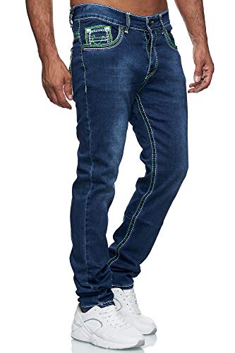 Baxboy Herren Jeanshose Dicke Naht Straight Fit Denim Neon Naht Stone Washed Stretch Jeans Hose, Farbe:20897-2 Grun, Hosengröße:W30/L32 von Baxboy