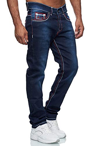 Baxboy Herren Jeanshose Dicke Naht Straight Fit Denim Neon Naht Stone Washed Stretch Jeans Hose, Farbe:20897-3 Rot, Hosengröße:W30/L32 von Baxboy