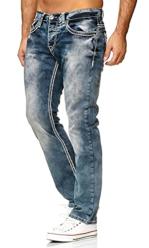 Baxboy Herren Jeanshose Dicke Naht Straight Fit Denim Neon Naht Stone Washed Stretch Jeans Hose, Farbe:9574 Blau(Weiss), Hosengröße:W31/L32 von Baxboy