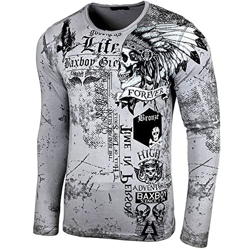 Baxboy Herren Longsleeve T-Shirt Langarmshirt Langarm All Over Plakativer Front & Back Print Sweatshirt 708, Farbe:Grau, Größe:2XL von Baxboy