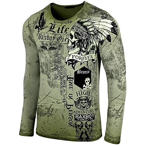 Baxboy Herren Longsleeve T-Shirt Langarmshirt Langarm All Over Plakativer Front & Back Print Sweatshirt 708, Farbe:Khaki, Größe:2XL von Baxboy