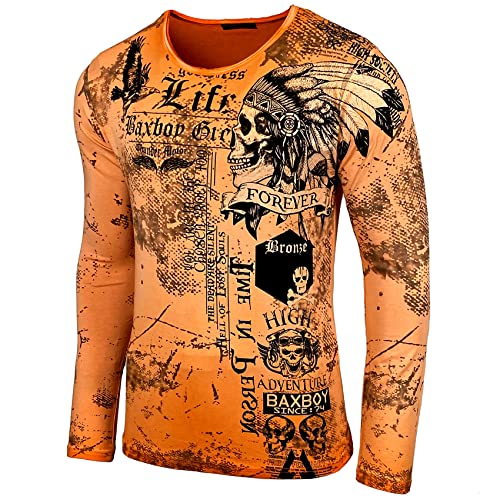 Baxboy Herren Longsleeve T-Shirt Langarmshirt Langarm All Over Plakativer Front & Back Print Sweatshirt 708, Farbe:Orange, Größe:XL von Baxboy