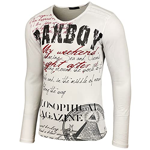 Baxboy Herren Longsleeve T-Shirt Langarmshirt Langarm Oil Wash Verwaschen Stretch Oberteil Sweatshirt 707, Farbe:Weiß, Größe:2XL von Baxboy