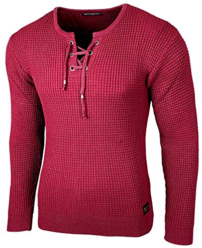 Baxboy Herren Pullover Slim Fit Rundhals Strick-Pullover Rundkragen Moderner Longsleeve in Feinstrick BB-52132, Farbe:Bordo, Größe:L von Baxboy