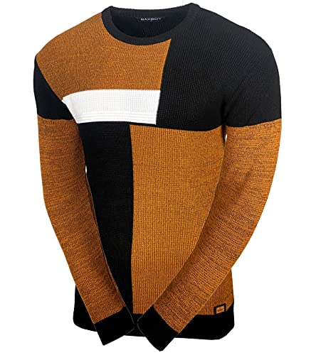 Baxboy Herren Pullover Slim Fit Rundhals Strick-Pullover Rundkragen Moderner Männer schwarzer Pulli Longsleeve in Feinstrick Sweatshirt BB-52288, Farbe:Camel, Größe:L von Baxboy