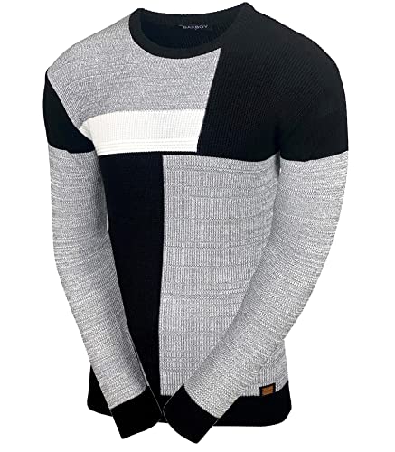 Baxboy Herren Pullover Slim Fit Rundhals Strick-Pullover Rundkragen Moderner Männer schwarzer Pulli Longsleeve in Feinstrick Sweatshirt BB-52288, Farbe:Grau/Schwarz, Größe:XL von Baxboy