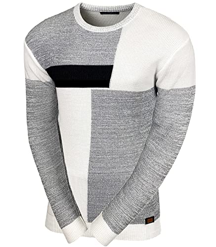 Baxboy Herren Pullover Slim Fit Rundhals Strick-Pullover Rundkragen Moderner Männer schwarzer Pulli Longsleeve in Feinstrick Sweatshirt BB-52288, Farbe:Grau/Weiß, Größe:M von Baxboy