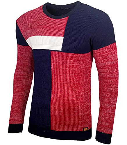 Baxboy Herren Pullover Slim Fit Rundhals Strick-Pullover Rundkragen Moderner Männer schwarzer Pulli Longsleeve in Feinstrick Sweatshirt BB-52288, Farbe:Rot, Größe:L von Baxboy