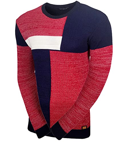 Baxboy Herren Pullover Slim Fit Rundhals Strick-Pullover Rundkragen Moderner Männer schwarzer Pulli Longsleeve in Feinstrick Sweatshirt BB-52288, Farbe:Rot, Größe:M von Baxboy