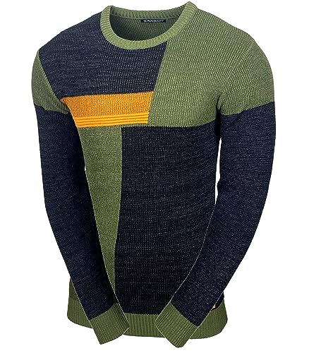 Baxboy Herren Pullover Slim Fit Rundhals Strick-Pullover Rundkragen Moderner Männer schwarzer Pulli Longsleeve in Feinstrick Sweatshirt BB-52288, Farbe:Schwarz/Khaki, Größe:M von Baxboy