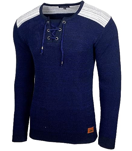 Baxboy Herren Pullover Slim Fit V-Neck Strick-Pullover Rundkragen Moderner Männer schwarzer Pulli Longsleeve in Feinstrick Sweatshirt BB-52205, Farbe:Blau, Größe:S von Baxboy