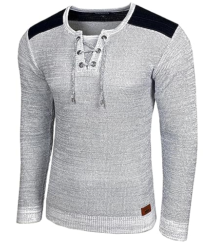 Baxboy Herren Pullover Slim Fit V-Neck Strick-Pullover Rundkragen Moderner Männer schwarzer Pulli Longsleeve in Feinstrick Sweatshirt BB-52205, Farbe:Grau, Größe:L von Baxboy