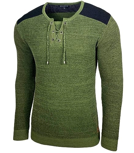 Baxboy Herren Pullover Slim Fit V-Neck Strick-Pullover Rundkragen Moderner Männer schwarzer Pulli Longsleeve in Feinstrick Sweatshirt BB-52205, Farbe:Khaki, Größe:L von Baxboy