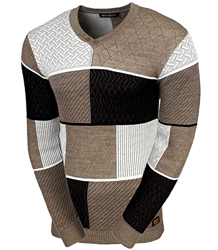 Baxboy Herren Pullover Slim Fit V-Neck Strick-Pullover Rundkragen Moderner Männer schwarzer Pulli Longsleeve in Feinstrick Sweatshirt BB-52301, Farbe:Beige, Größe:M von Baxboy