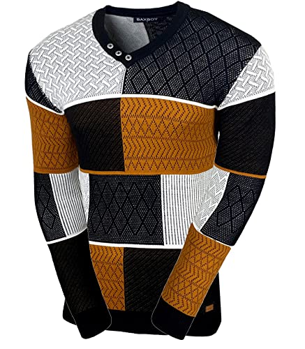 Baxboy Herren Pullover Slim Fit V-Neck Strick-Pullover Rundkragen Moderner Männer schwarzer Pulli Longsleeve in Feinstrick Sweatshirt BB-52301, Farbe:Schwarz, Größe:L von Baxboy