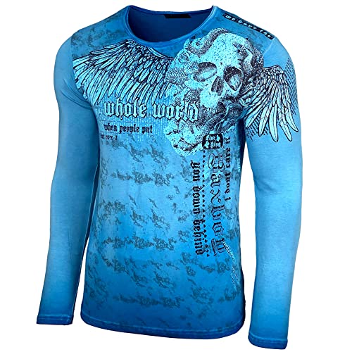 Baxboy Herren Rundhals Longsleeve T-Shirt Langarmshirt Langarm Aufdruck Oberteil Washed Sweatshirt 709, Farbe:Türkis, Größe:S von Baxboy