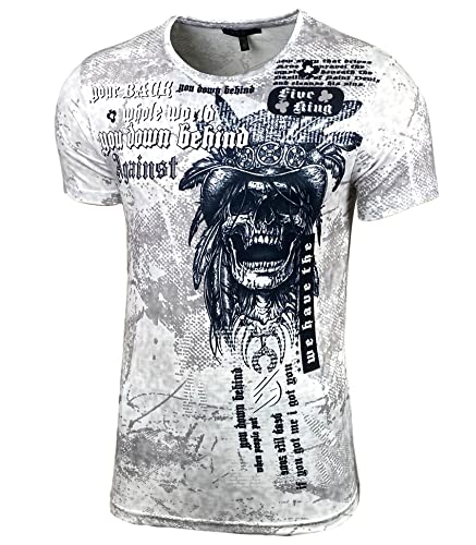 Baxboy Herren Rundhals und Label-Applikationen Frontprint Vintage Kurzarm T-Shirt Design mit mehrfarbigem Front Print 105, Farbe:Weiß, Größe:XL von Baxboy