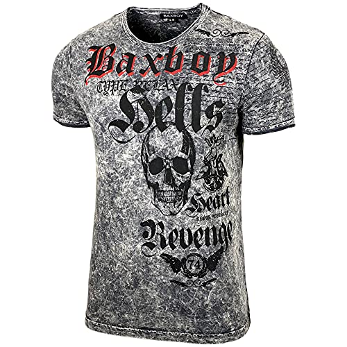 Baxboy Herren Sommer Rundhals-Ausschnitt Vintage Oil Washed Sportlich Kurzarm T-Shirt Crew Neck Fashion Top Print Shirt B-06, Farbe:Anthrazit, Größe:S von Baxboy