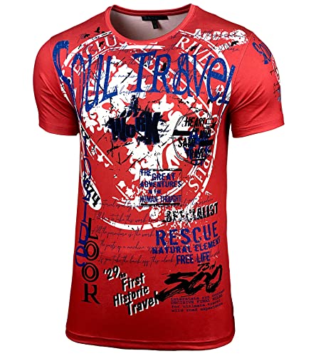 Baxboy Herren Sommer Rundhals-Ausschnitt Vintage Sportlich elegant Totenkopf Kurzarm T-Shirt Slim Fit Design Crew Neck Fashion Top Print Shirt B-117, Farbe:Camel, Größe:L von Baxboy