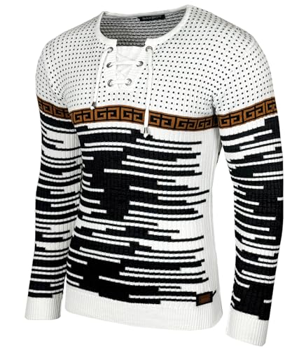 Baxboy Herren Strick-Pullover Rundhals | Männer Winter-Pullover | stylischer Strick-Pulli Basic Longsleeve Sweatshirt Sweater BB-52156, Farbe:Weiss/Schwarz, Größe:S von Baxboy
