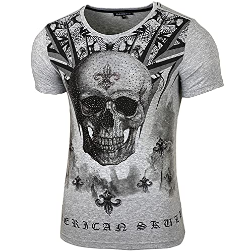 Baxboy Herren Vintage Totenkopf Kurzarm T-Shirt mit Strass Steinen Slim Fit Design Fashion Top Print Shirt JA-2312, Farbe:Grau, Größe:2XL von Baxboy