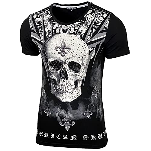 Baxboy Herren Vintage Totenkopf Kurzarm T-Shirt mit Strass Steinen Slim Fit Design Fashion Top Print Shirt JA-2312, Farbe:Schwarz, Größe:2XL von Baxboy