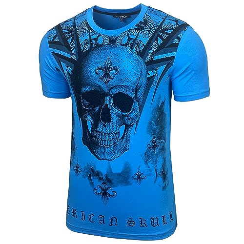 Baxboy Herren Vintage Totenkopf Kurzarm T-Shirt mit Strass Steinen Slim Fit Design Fashion Top Print Shirt JA-2312, Farbe:Türkis, Größe:L von Baxboy