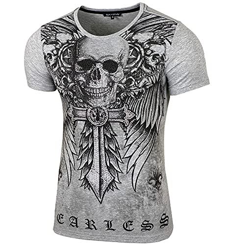 Baxboy Herren Vintage Totenkopf Kurzarm T-Shirt mit Strass Steinen Slim Fit Design Fashion Top Print Shirt JA-2314, Farbe:Grau, Größe:2XL von Baxboy