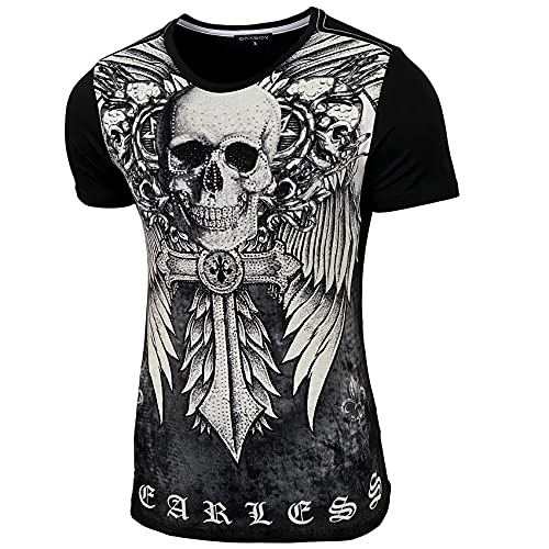 Baxboy Herren Vintage Totenkopf Kurzarm T-Shirt mit Strass Steinen Slim Fit Design Fashion Top Print Shirt JA-2314, Farbe:Schwarz, Größe:L von Baxboy