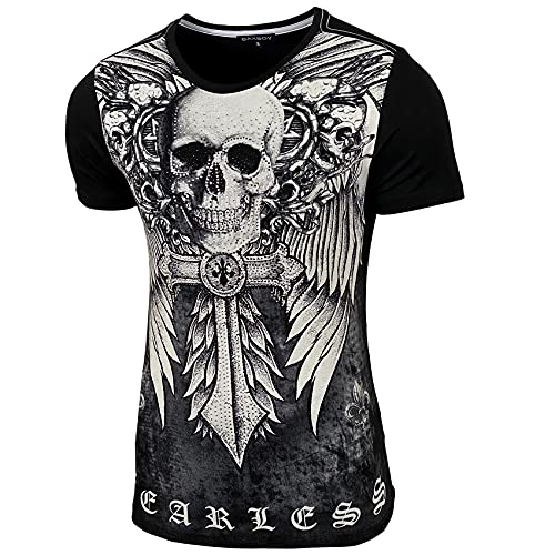 Baxboy Herren Vintage Totenkopf Kurzarm T-Shirt mit Strass Steinen Slim Fit Design Fashion Top Print Shirt JA-2314, Farbe:Schwarz, Größe:M von Baxboy