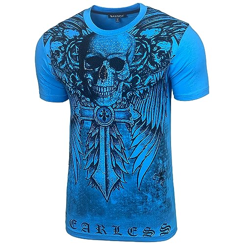 Baxboy Herren Vintage Totenkopf Kurzarm T-Shirt mit Strass Steinen Slim Fit Design Fashion Top Print Shirt JA-2314, Farbe:Türkis, Größe:XL von Baxboy
